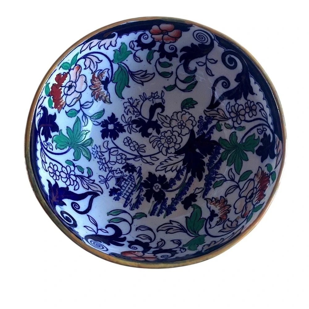 Antique 1800s Amherst Japan Ironstone Pedestal Bowl Imari Inspired Pattern White
